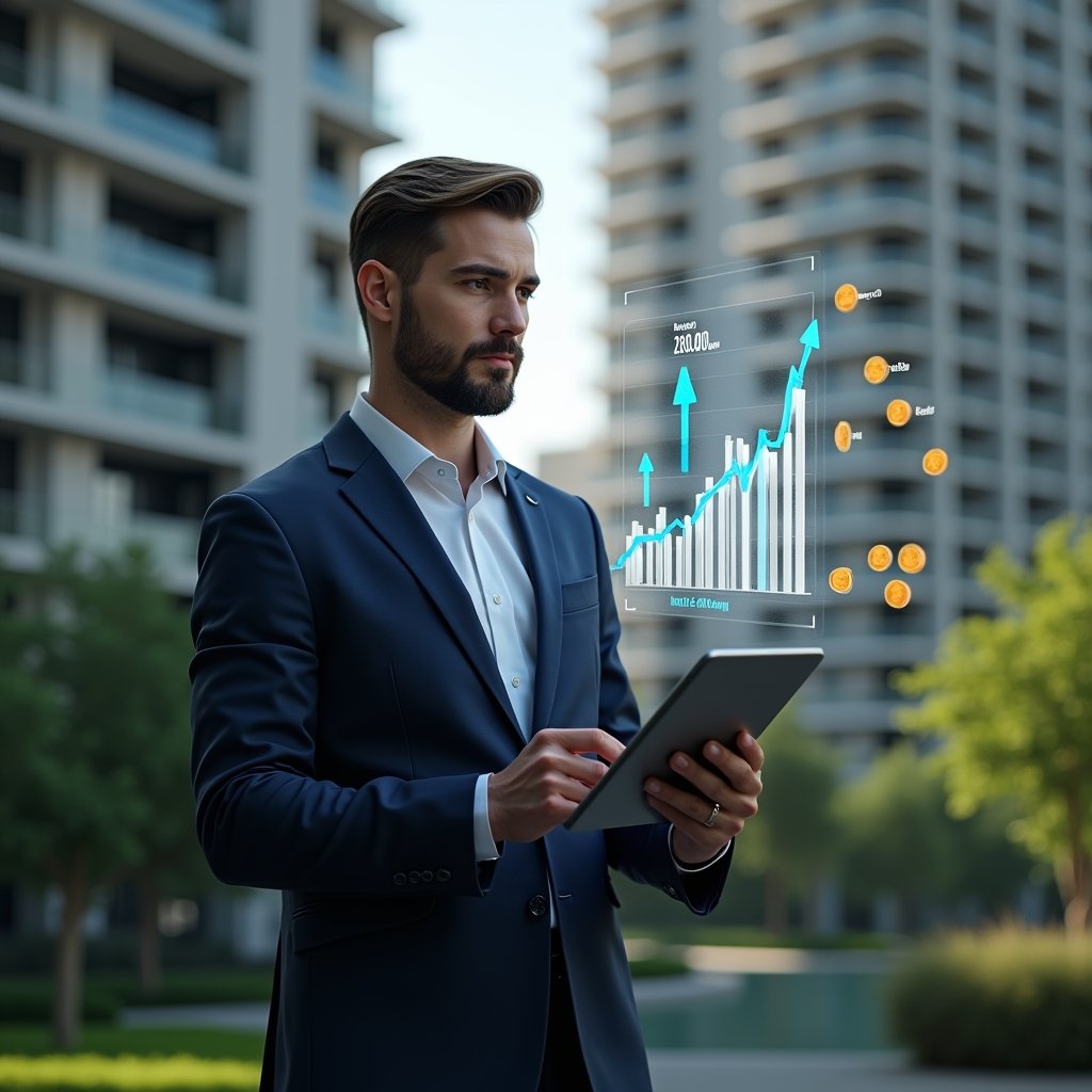 Ultra-realistic condominium manager in a tailored navy blue suit, set in a modern luxury condominium environment with high-rise buildings and lush green landscaping, holding a digital tablet and pointing at a holographic financial chart showing cost-reduction trends, floating icons of coins and downward arrows, cinematic lighting, shallow depth of field, highly detailed textures, realistic skin, photographic realism, 8k resolution --ar 1:1 --v 6