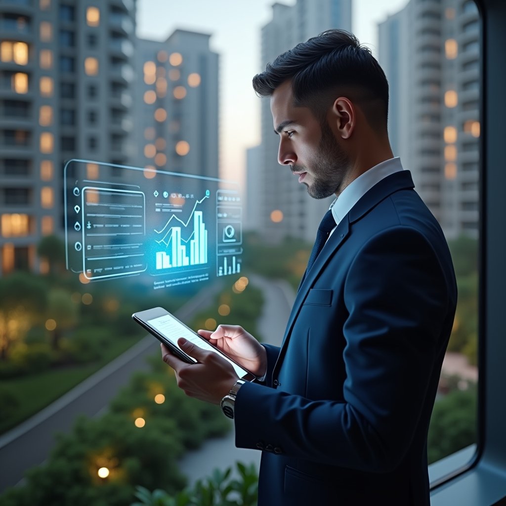 Ultra-realistic condominium manager in a navy suit, set in a modern luxury condominium environment with high-rise buildings and meticulously landscaped gardens, reviewing a holographic financial report projected from a tablet, a floating icon of an app displaying graphs and checkmarks beside them, cinematic lighting, shallow depth of field, highly detailed textures, realistic skin, photographic realism, 8k resolution --ar 1:1 --v 6
