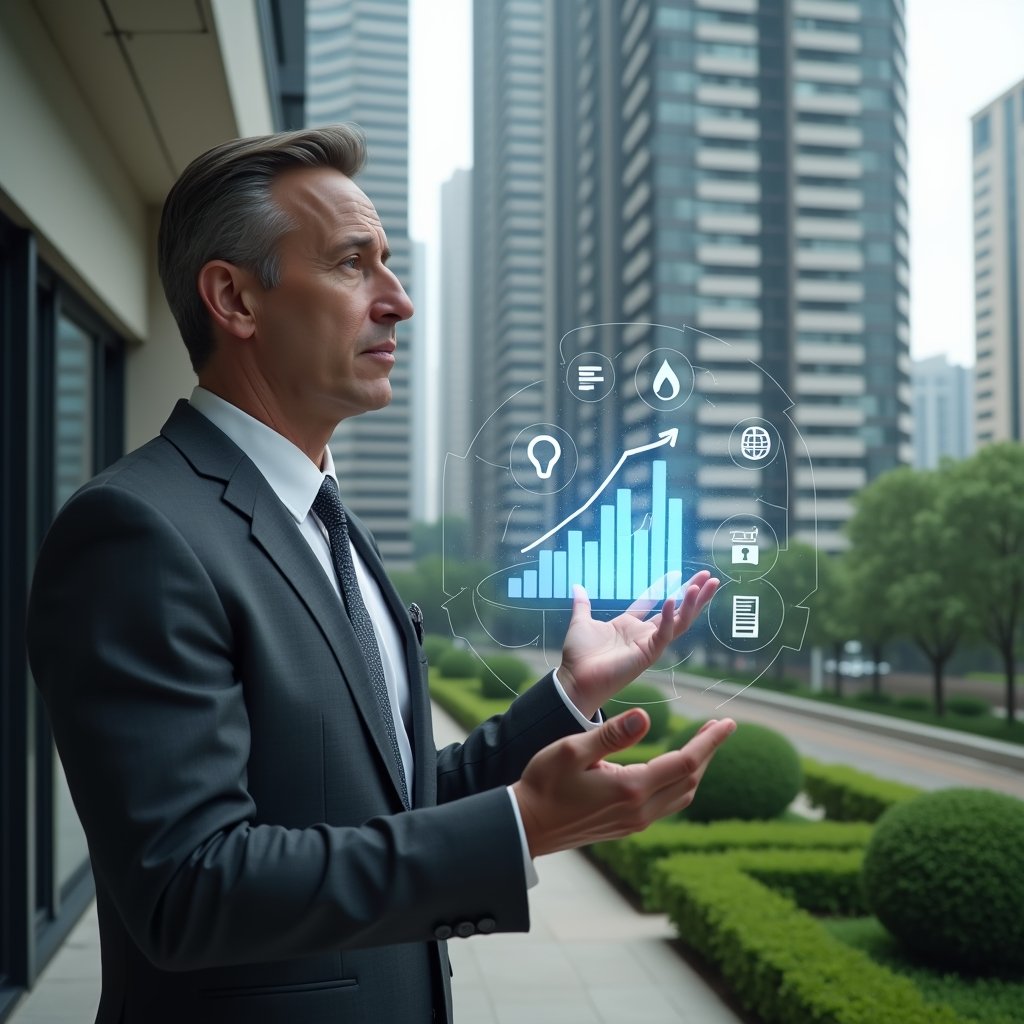 (Ultra-realistic condominium manager in a charcoal gray suit, set in a modern luxury condominium environment with high-rise buildings and manicured green landscaping, examining a floating holographic financial chart showing rising expense bars with a thoughtful expression, additional holographic icons of water drops, light bulbs and documents orbiting around, cinematic lighting, shallow depth of field, highly detailed textures, realistic skin, photographic realism, 8k resolution --ar 1:1 --v 6)
