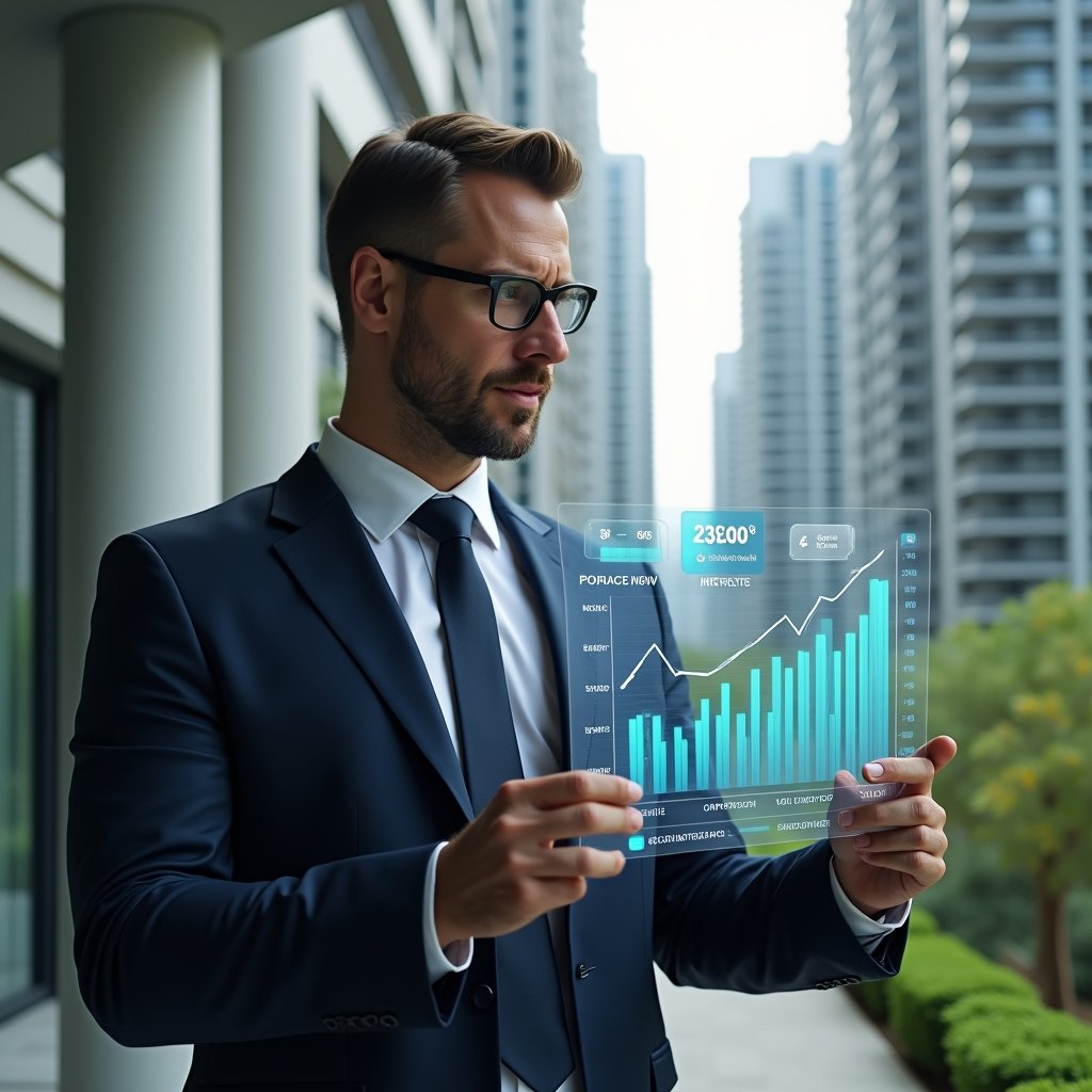 Ultra-realistic condominium manager in a tailored navy suit, set in a modern luxury condominium environment with high-rise buildings and manicured green landscaping, reviewing a holographic budget chart with cost-reduction icons, confident and focused expression, cinematic lighting, shallow depth of field, highly detailed textures, realistic skin, photographic realism, 8k resolution --ar 1:1 --v 6