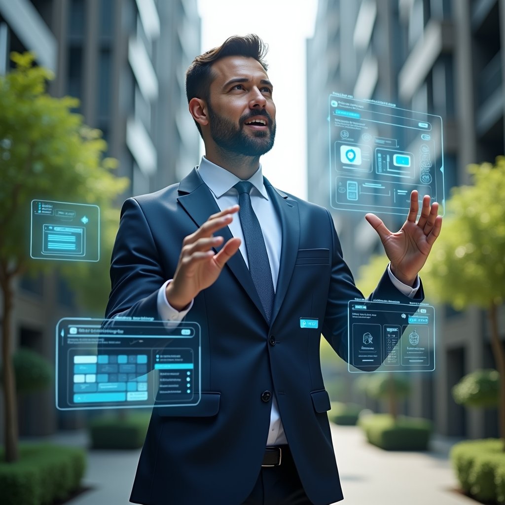 (Ultra-realistic condominium manager in a tailored navy suit, set in a modern luxury condominium environment with high-rise buildings and lush green landscaping, confidently interacting with floating holographic interface panels that display dashboards, chat icons and reservation calendars to represent the 10 essential app features, cinematic lighting, shallow depth of field, highly detailed textures, realistic skin, photographic realism, 8k resolution --ar 1:1 --v 6)