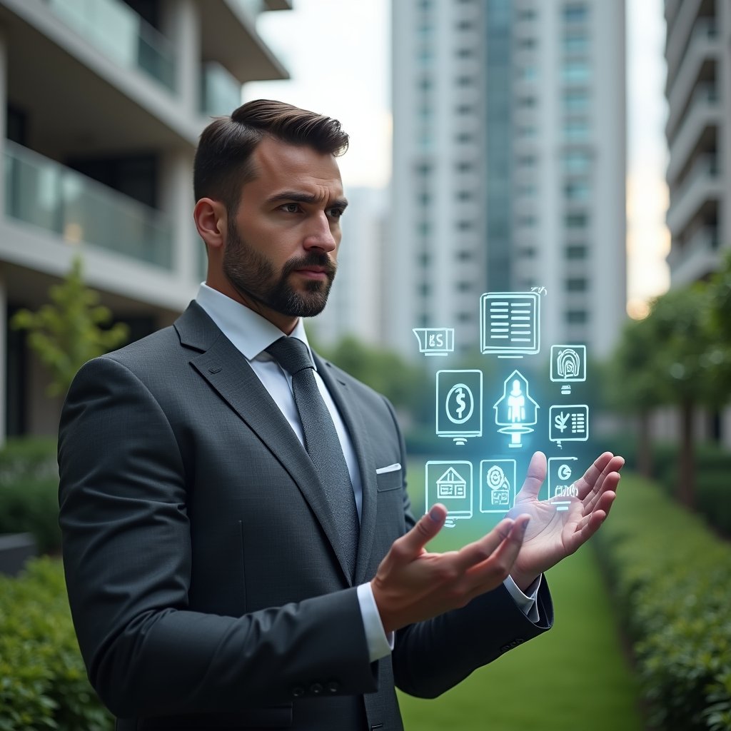 (Ultra-realistic professional property manager in a charcoal tailored suit, set in a modern luxury condominium environment with high-rise buildings and manicured greenery, interacting with a floating holographic interface displaying icons for security access control, financial reports, space reservations and real-time chat, confident expression, cinematic lighting, shallow depth of field, highly detailed textures, realistic skin, photographic realism, 8k resolution --ar 1:1 --v 6)