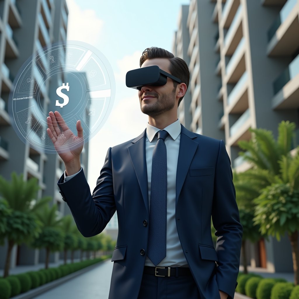 Ultra-realistic condominium manager in a navy tailored suit, set in a modern luxury condominium environment with high-rise buildings and manicured green landscaping, confidently interacting with a holographic interface of condo management app icons (finances, reservations, maintenance, communications), cinematic lighting, shallow depth of field, highly detailed textures, realistic skin, photographic realism, 8k resolution --ar 1:1 --v 6