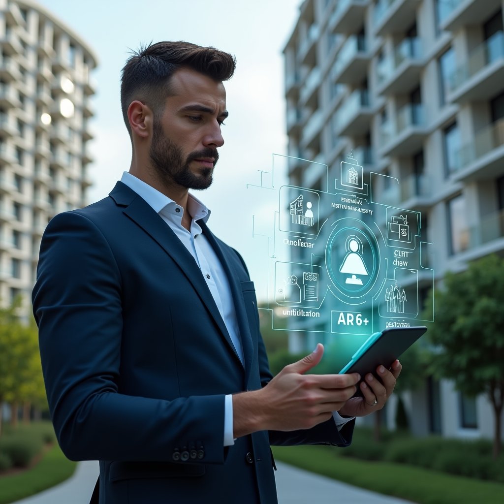 Ultra-realistic property manager in a dark blue tailored suit, set in a modern luxury condominium environment with high-rise buildings and manicured green landscaping, holding a tablet displaying holographic icons of finances, calendar bookings, chat notifications, access control and analytics, confident and focused expression as they analyze the digital interface, thematic holographic UI elements floating above the tablet, cinematic lighting, shallow depth of field, highly detailed textures, realistic skin, photographic realism, 8k resolution --ar 1:1 --v 6