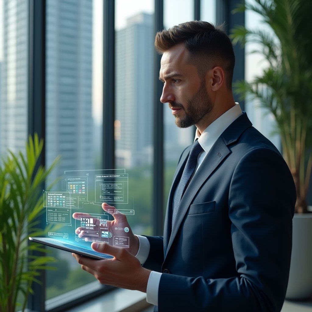 (Ultra-realistic condominium manager in a tailored navy suit, set in a modern luxury condominium environment with high-rise buildings and lush green landscaping, examining a floating holographic dashboard displaying icons for finance reports, calendar bookings, maintenance alerts and communication alerts, confident and focused expression, cinematic lighting, shallow depth of field, highly detailed textures, realistic skin, photographic realism, 8k resolution --ar 1:1 --v 6)