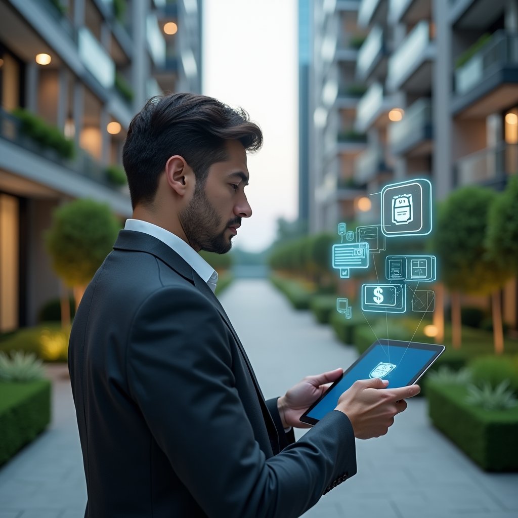Ultra-realistic condominium manager in a charcoal suit, midshot holding a tablet displaying holographic app icons for messaging, finance and security, set in a modern luxury condominium environment with high-rise buildings and manicured green landscaping, confident and focused expression analyzing the digital interface, floating symbols of chat bubbles, dollar sign and shield, cinematic lighting, shallow depth of field, highly detailed textures, photographic realism, 8k resolution --ar 1:1 --v 6