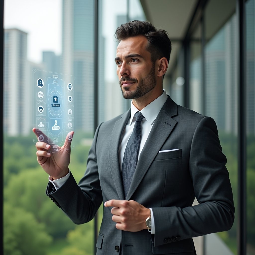 (Ultra-realistic condominium manager in a charcoal gray suit, set in a modern luxury condominium environment with high-rise buildings and lush green landscaping, interacting with a floating holographic interface displaying icons for resident communication, area booking, billing and financial analytics, confident and engaged expression, cinematic lighting, shallow depth of field, highly detailed textures, realistic skin, photographic realism, 8k resolution --ar 1:1 --v 6)