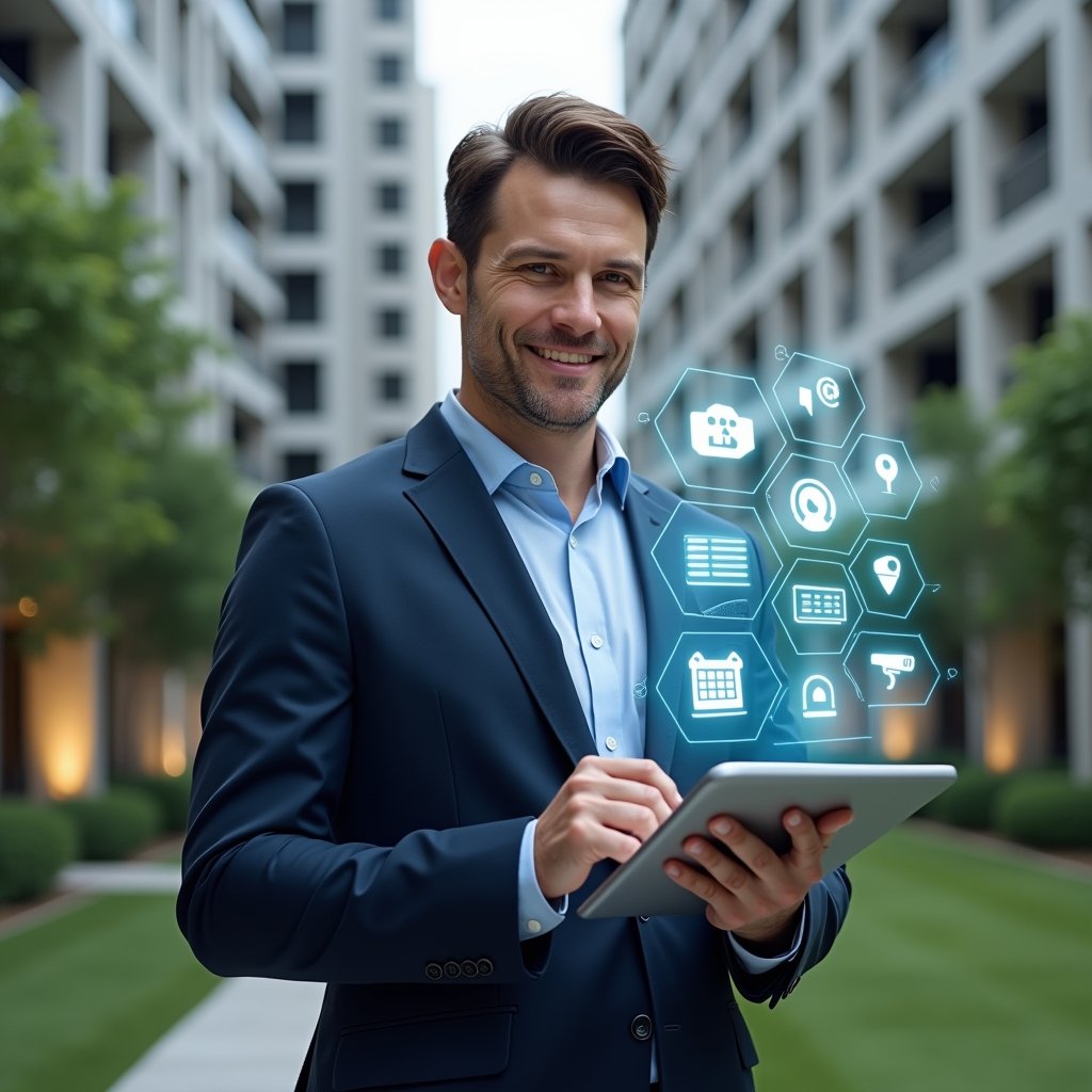 (Ultra-realistic condominium manager in a navy executive suit, set in a modern luxury condominium environment with high-rise buildings and manicured green landscaping, holding a transparent tablet displaying floating holographic icons of messaging, financial charts, security cameras and reservation calendars, confident pose with a slight smile, dynamic holographic UI elements representing the 10 essential functions of a management app, cinematic lighting, shallow depth of field, highly detailed textures, realistic skin, photographic realism, 8k resolution --ar 1:1 --v 6)