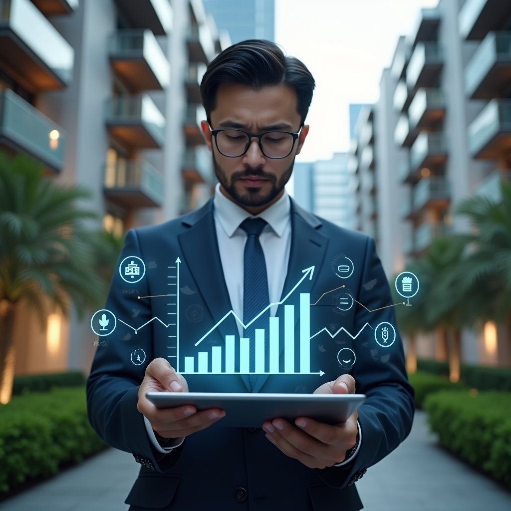 Ultra-realistic condominium manager in a navy executive suit, set in a modern luxury condominium environment with high-rise buildings and lush green landscaping, confidently analyzing a holographic financial chart floating above a tablet, surrounded by semi-transparent icons of water drops, energy bolts and coins symbolizing cost reduction, cinematic lighting, shallow depth of field, highly detailed textures, realistic skin, photographic realism, 8k resolution --ar 1:1 --v 6