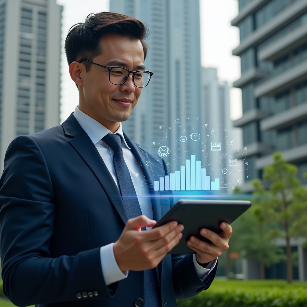 Ultra-realistic condominium manager in a navy blue suit, set in a modern luxury condominium environment with high-rise buildings and green landscaping, holding a tablet displaying a holographic dashboard of building analytics, confident and focused expression, floating icons of digital processes and communication symbols around the device, cinematic lighting, shallow depth of field, highly detailed textures, realistic skin, photographic realism, 8k resolution --ar 1:1 --v 6
