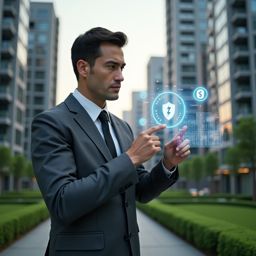 (Ultra-realistic condominium manager in a charcoal gray suit, set in a modern luxury condominium environment with high-rise buildings and manicured green landscaping, medium shot, the manager confidently pointing at a floating holographic interface displaying icons of security shields, lightning bolts, and currency symbols to represent safety, agility, and savings, cinematic lighting, shallow depth of field, highly detailed textures, realistic skin, photographic realism, 8k resolution --ar 1:1 --v 6)