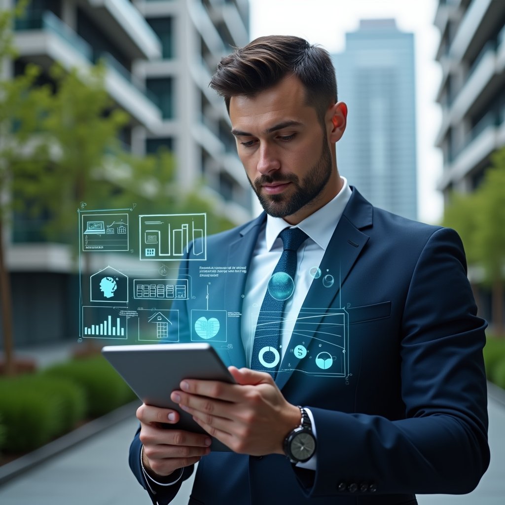 (Ultra-realistic condominium manager in a navy suit, set in a modern luxury condominium environment with high-rise buildings and manicured green landscaping, reviewing holographic financial reports projected above a tablet in a focused pose, transparent ledger icons and floating charts symbolizing clear accounting, confident and professional expression, cinematic lighting, shallow depth of field, highly detailed textures, realistic skin, photographic realism, 8k resolution --ar 1:1 --v 6)
