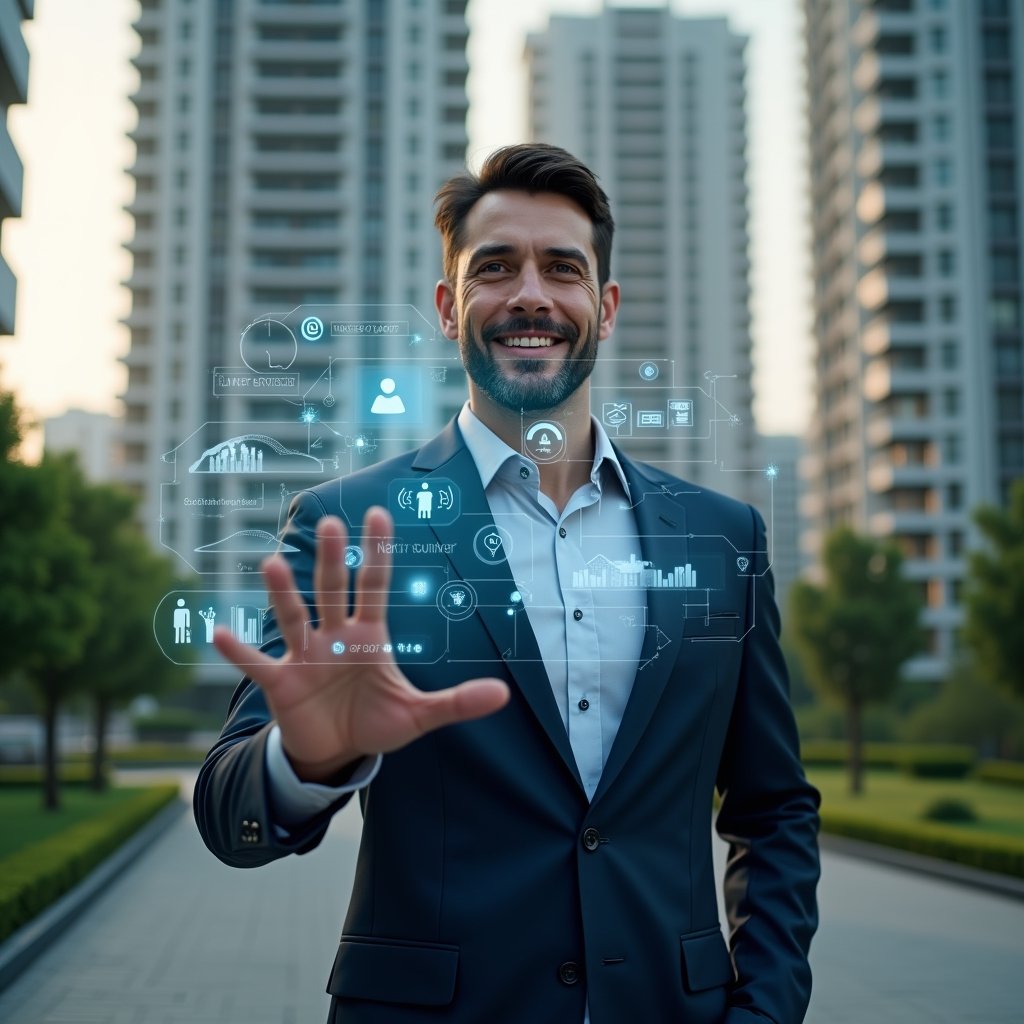 (Ultra-realistic condominium manager in a tailored navy suit, set in a modern luxury condominium environment with high-rise buildings and green landscaping, confidently interacting with a holographic digital interface displaying charts and app icons to illustrate online management benefits, cinematic lighting, shallow depth of field, highly detailed textures, realistic skin, photographic realism, 8k resolution --ar 1:1 --v 6)
