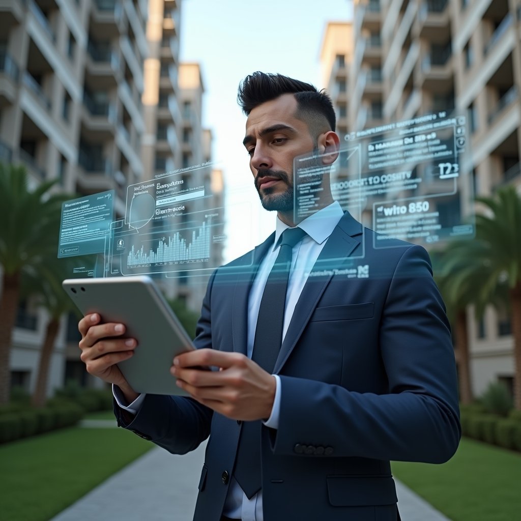 (Ultra-realistic condominium manager in a tailored navy suit, set in a modern luxury condominium environment with high-rise buildings and meticulously landscaped gardens, holding a tablet and confidently reviewing a holographic interface of expense approvals and cost charts, holographic icons representing maintenance requests and budget optimization floating around, cinematic lighting, shallow depth of field, highly detailed textures, realistic skin, photographic realism, 8k resolution --ar 1:1 --v 6)
