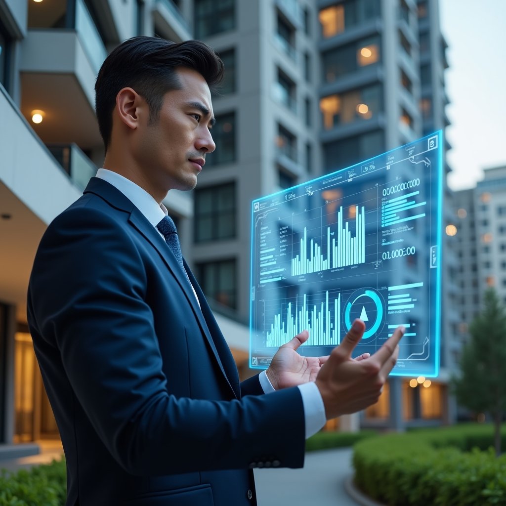 (Ultra-realistic condominium manager in a navy blue tailored suit, set in a modern luxury condominium environment with high-rise buildings and manicured green landscaping, analyzing a holographic financial dashboard projection displaying bar charts, pie charts and key performance indicators, confident and focused expression, cinematic lighting, shallow depth of field, highly detailed textures, realistic skin, photographic realism, 8k resolution --ar 1:1 --v 6)