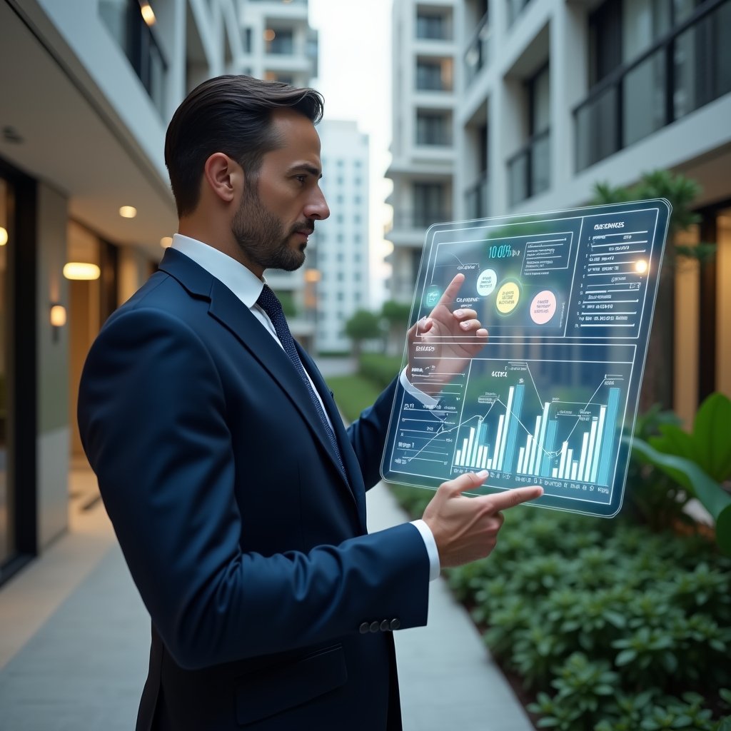 (Ultra-realistic condominium manager in a tailored navy suit, set in a modern luxury condominium environment with high-rise buildings and manicured gardens, examining holographic financial charts displaying revenue, expenses, reserve funds and KPIs, floating icons of coins and bar graphs around, confident and focused expression, cinematic lighting, shallow depth of field, highly detailed textures, realistic skin, photographic realism, 8k resolution --ar 1:1 --v 6)