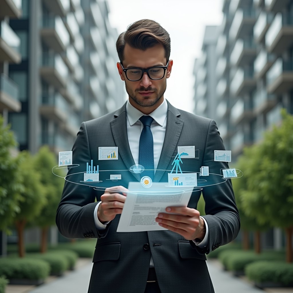 Ultra-realistic property manager in a charcoal gray tailored suit, set in a modern luxury condominium environment with high-rise buildings and lush green landscaping, examining a floating holographic financial report with charts and balancing sheets, confident and focused expression, digital icons of coins and graphs orbiting around, cinematic lighting, shallow depth of field, highly detailed textures, realistic skin, photographic realism, 8k resolution --ar 1:1 --v 6