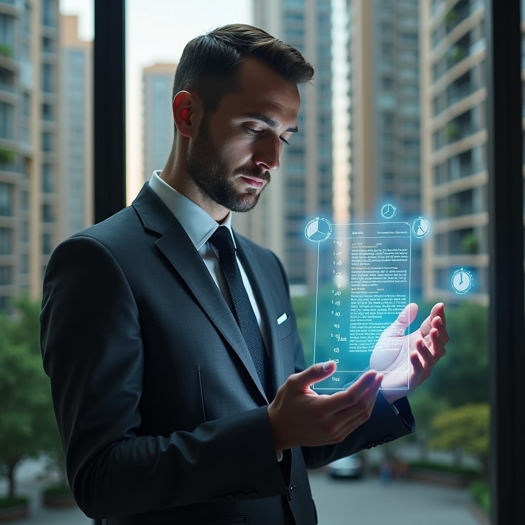 (Ultra-realistic condominium manager in a charcoal gray executive suit, set in a modern luxury condominium environment with high-rise buildings and manicured gardens in the background, holding and interacting with a glowing holographic calendar and task list, confidently reviewing and optimizing schedules, a translucent schedule grid and clock icons floating around, cinematic lighting, shallow depth of field, highly detailed textures, realistic skin, photographic realism, 8k resolution --ar 1:1 --v 6)