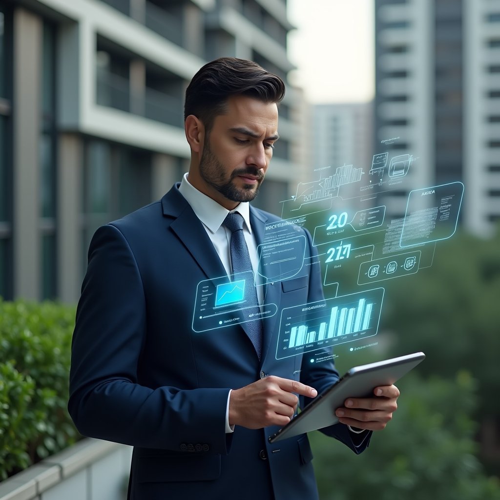 (Ultra-realistic condominium manager in a navy executive suit, set in a modern luxury condominium environment with high-rise buildings and lush green landscaping, analyzing holographic financial charts projected from a tablet—icons of bank reconciliation, detailed expense breakdown and reserve fund visualization floating around, focused and confident expression, cinematic lighting, shallow depth of field, highly detailed textures, realistic skin, photographic realism, 8k resolution --ar 1:1 --v 6)