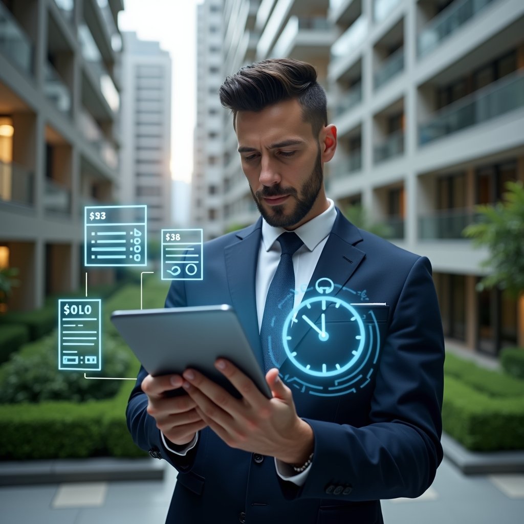 (Ultra-realistic property manager in a tailored navy suit, set in a modern luxury condominium environment with high-rise buildings and manicured green landscaping, confidently reviewing a digital tablet displaying payment notifications, holographic invoice and clock icons floating around to symbolize automated reminders and on-time fees, cinematic lighting, shallow depth of field, highly detailed textures, realistic skin, photographic realism, 8k resolution --ar 1:1 --v 6)