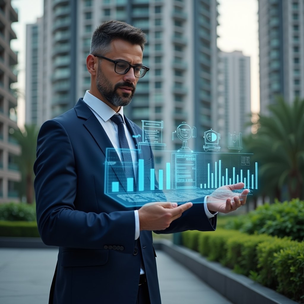 (Ultra-realistic condominium manager in a dark blue executive suit, set in a modern luxury condominium environment with high-rise buildings and manicured green landscaping, medium shot focusing on the manager, reviewing a floating holographic financial dashboard displaying charts and digital reports—symbolizing agile accounting processes—surrounded by translucent icons of ledgers and graphs, confident and focused expression, cinematic lighting, shallow depth of field, highly detailed textures, realistic skin, photographic realism, 8k resolution --ar 1:1 --v 6)