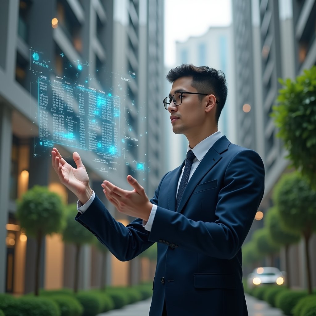 (Ultra-realistic condominium manager in a navy executive suit, set in a modern luxury condominium environment with high-rise buildings and meticulously landscaped gardens, examining a floating holographic schedule with calendar icons and deadline markers, conveying a focused and confident expression, cinematic lighting, shallow depth of field, highly detailed textures, realistic skin, photographic realism, 8k resolution --ar 1:1 --v 6)