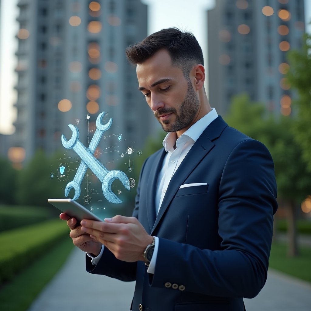 Ultra-realistic condominium manager in a navy blue executive suit, set in a modern luxury condominium environment with high-rise buildings and manicured green landscaping, reviewing a digital maintenance checklist on a tablet with floating holographic wrench and shield icons around him, confident and focused expression, cinematic lighting, shallow depth of field, highly detailed textures, realistic skin, photographic realism, 8k resolution --ar 1:1 --v 6
