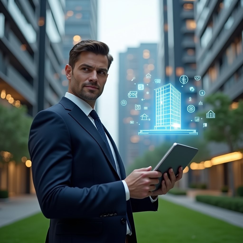 (Ultra-realistic condominium manager in a navy tailored suit, set in a modern luxury condominium environment with high-rise buildings and meticulously maintained green landscaping, confidently holding a transparent holographic checklist of management tasks while analyzing digital graphs on a sleek tablet, a floating hologram of a secure building icon symbolizing transparency and efficiency, cinematic lighting, shallow depth of field, highly detailed textures, realistic skin, photographic realism, 8k resolution --ar 1:1 --v 6)