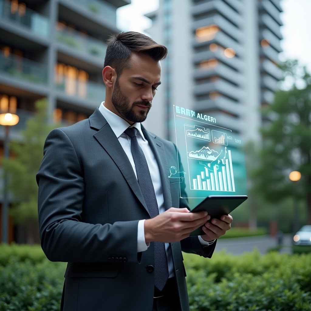 (Ultra-realistic condominium manager in a charcoal gray tailored suit, set in a modern luxury condominium environment with high-rise buildings and manicured green landscaping, holding a digital tablet displaying holographic financial charts while reviewing data with a confident, focused expression, a translucent floating ledger icon beside them symbolizing transparent accounting, cinematic lighting, shallow depth of field, highly detailed textures, realistic skin, photographic realism, 8k resolution --ar 1:1 --v 6)