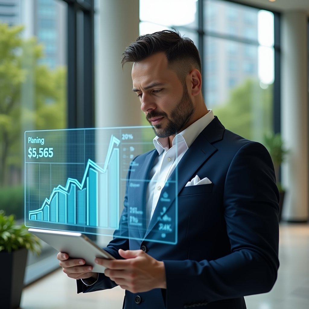 Ultra-realistic condo manager in a tailored navy suit, standing in a modern luxury condominium lobby with high-rise buildings and manicured greenery visible through floor-to-ceiling windows, inspecting a holographic expense graph floating above a sleek tablet, symbolizing planned budgeting and emergency reserves, confident and focused expression, cinematic lighting, shallow depth of field, highly detailed textures, realistic skin, photographic realism, 8k resolution --ar 1:1 --v 6