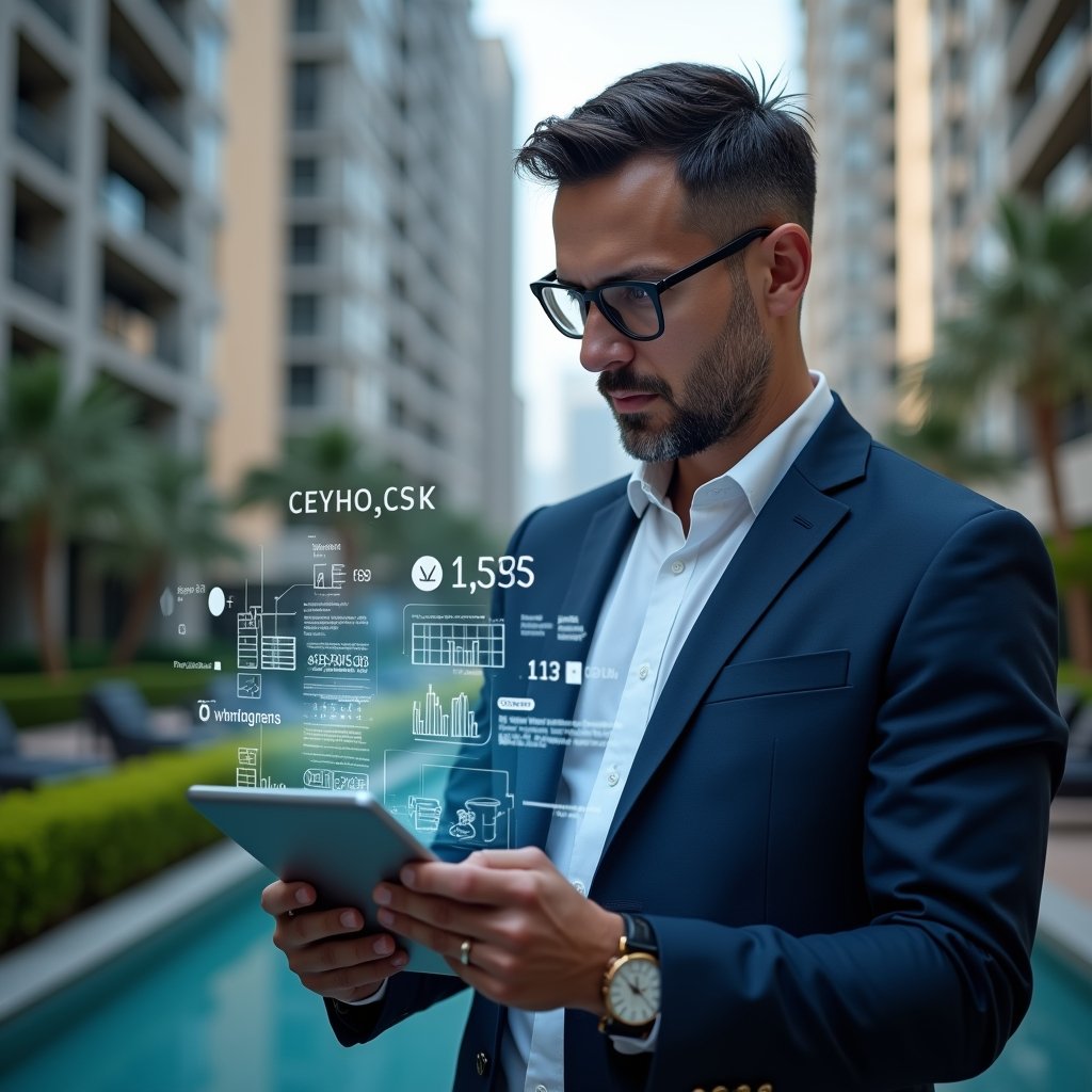 Ultra-realistic condominium manager in a navy blue suit, set in a modern luxury condominium environment with high-rise buildings and green landscaping, analyzing a holographic financial report projected from a tablet, confident and focused expression, holographic charts and icons representing income and expenses floating around, cinematic lighting, shallow depth of field, highly detailed textures, realistic skin, photographic realism, 8k resolution --ar 1:1 --v 6