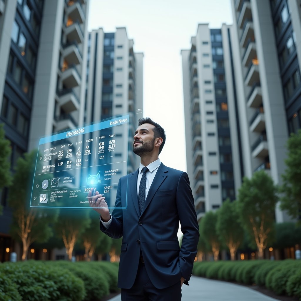 Ultra-realistic condominium manager in a tailored navy suit, set in a modern luxury condominium environment with high-rise buildings and manicured green landscaping, reviewing a holographic calendar projection with floating task icons and timeline graphs, confident and focused expression, cinematic lighting, shallow depth of field, highly detailed textures, realistic skin, photographic realism, 8k resolution --ar 1:1 --v 6