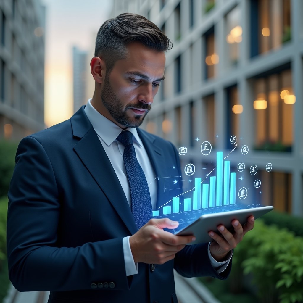Ultra-realistic condominium manager in a dark blue executive suit, set in a modern luxury condominium environment with high-rise buildings and lush green landscaping, analyzing a tablet displaying a holographic bar chart of expense reductions, confident expression, holographic financial icons floating around, cinematic lighting, shallow depth of field, highly detailed textures, realistic skin, photographic realism, 8k resolution --ar 1:1 --v 6