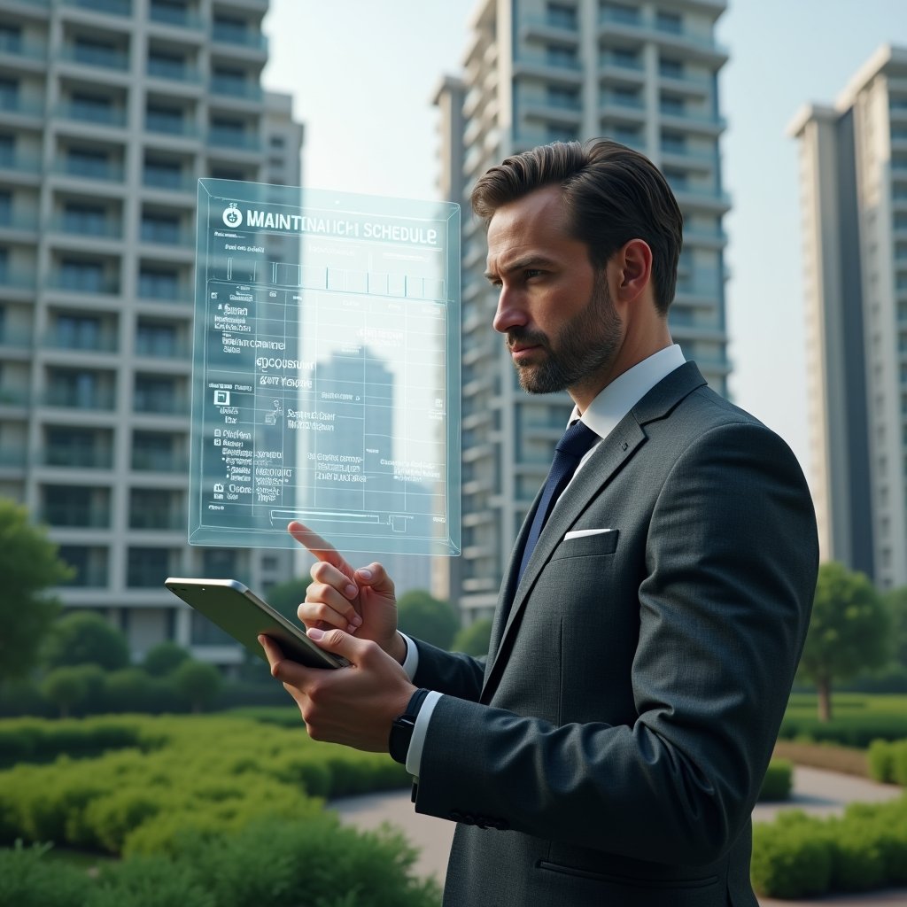 (Ultra-realistic condominium manager in a charcoal gray tailored suit, set in a modern luxury condominium environment with high-rise buildings and lush green landscaping, reviewing a holographic maintenance schedule calendar projected above a tablet while pointing at upcoming tasks, floating icons of gears and a clock symbolizing preventive maintenance, confident and focused expression, cinematic lighting, shallow depth of field, highly detailed textures, realistic skin, photographic realism, 8k resolution --ar 1:1 --v 6)