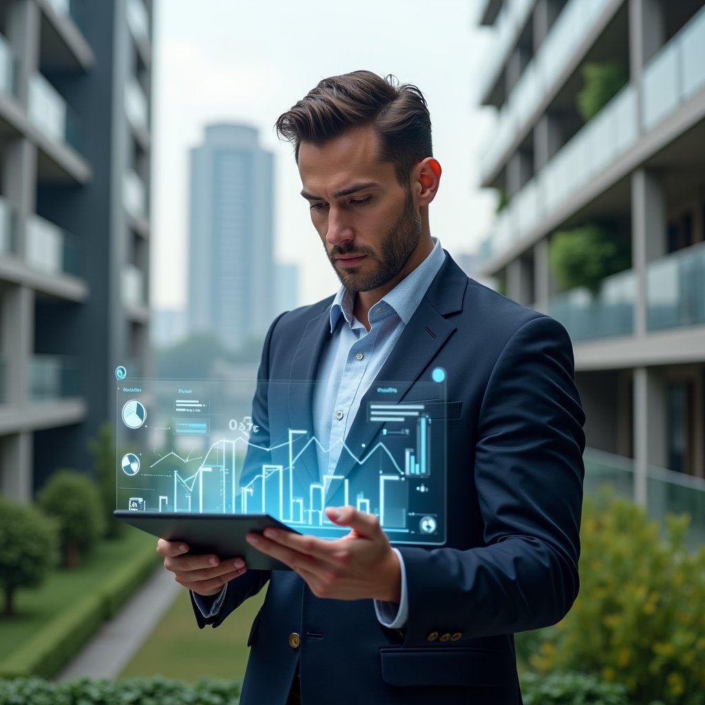 Ultra-realistic condominium manager in a tailored navy suit, set in a modern luxury condominium environment with high-rise buildings and manicured green landscaping, examining a transparent holographic financial report with floating pie charts and balance sheet icons, confident and focused expression, cinematic lighting, shallow depth of field, highly detailed textures, realistic skin, photographic realism, 8k resolution --ar 1:1 --v 6