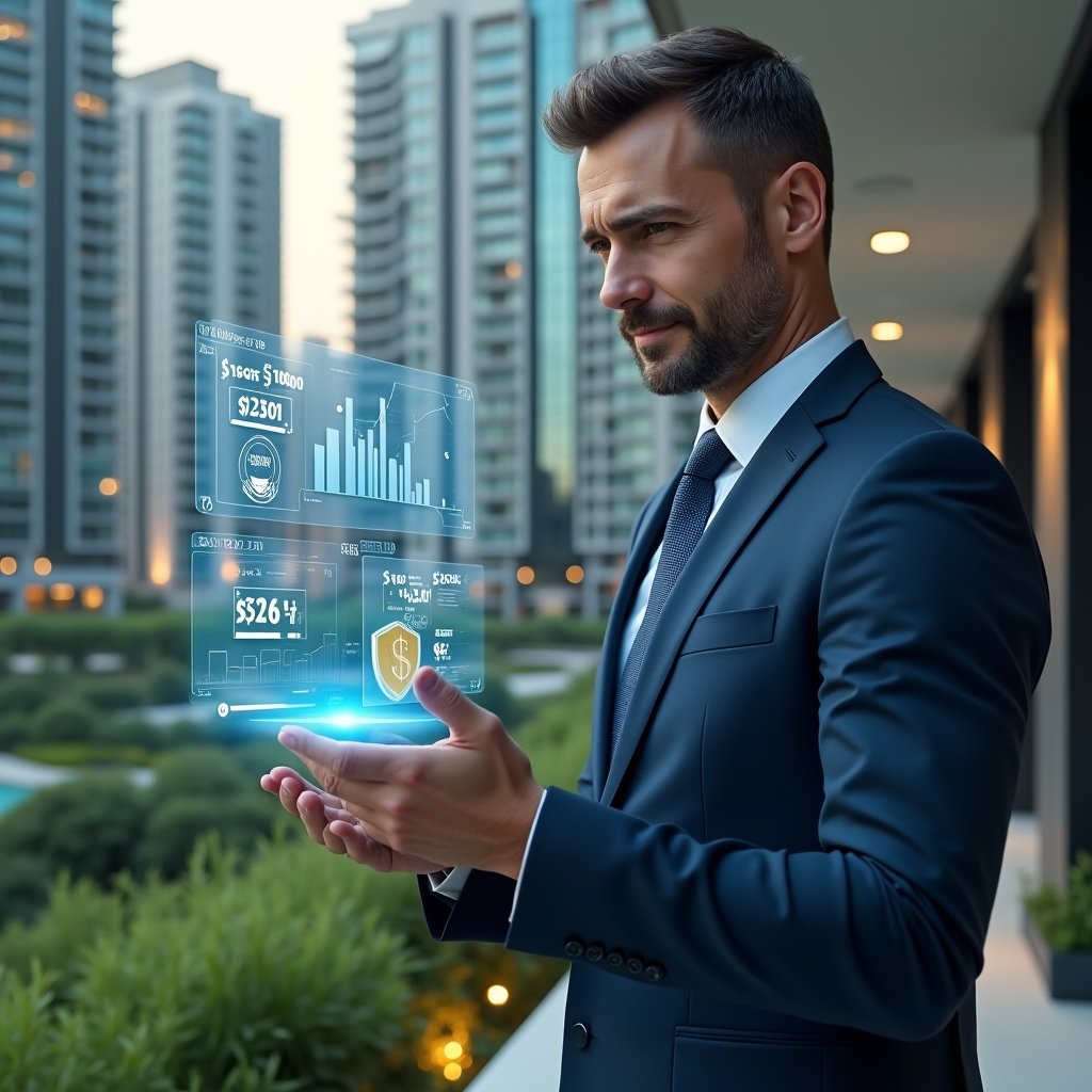 (Ultra-realistic condominium property manager in a navy blue suit, set in a modern luxury condominium environment with high-rise buildings and manicured green landscaping, mid-shot analyzing a holographic financial dashboard displaying cost-saving charts and floating coin and shield icons, confident and focused expression, cinematic lighting, shallow depth of field, highly detailed textures, realistic skin, photographic realism, 8k resolution --ar 1:1 --v 6)
