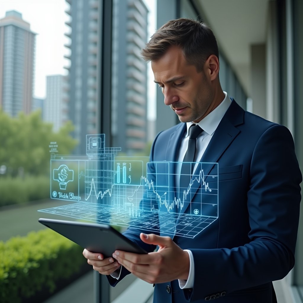 Ultra-realistic condominium manager in a navy blue tailored suit, set in a modern luxury condominium environment with high-rise buildings and lush green landscaping, examining a holographic cost-saving blueprint projected from a tablet with downward-trending expense charts and construction icons, confident and analytical expression, cinematic lighting, shallow depth of field, highly detailed textures, realistic skin, photographic realism, 8k resolution --ar 1:1 --v 6