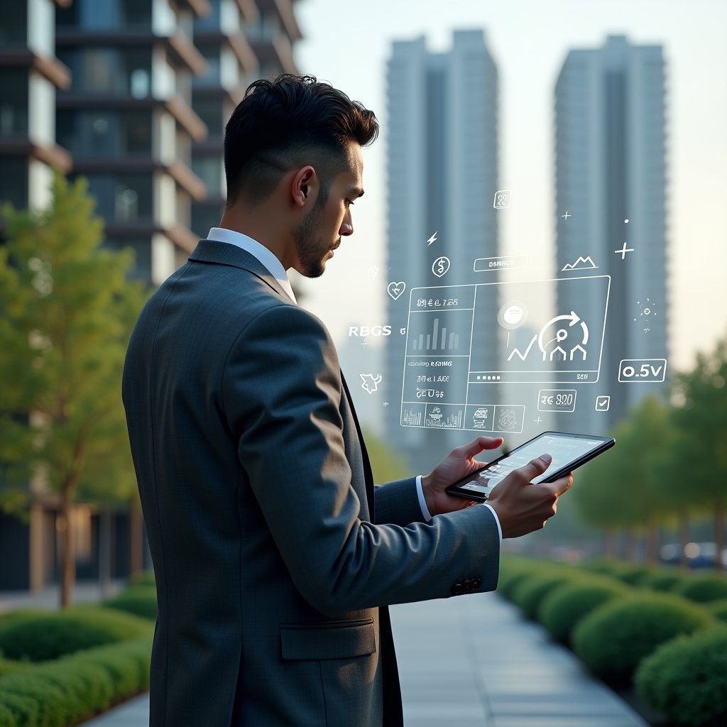 Ultra-realistic condominium manager in a charcoal gray tailored suit, set in a modern luxury condominium environment with high-rise buildings and lush green landscaping, holding a tablet displaying holographic financial charts and cost-saving icons, pointing thoughtfully at a glowing budget dashboard, symbols of energy efficiency and group purchasing floating around, cinematic lighting, shallow depth of field, highly detailed textures, realistic skin, photographic realism, 8k resolution --ar 1:1 --v 6