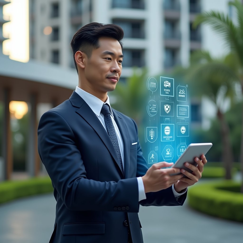 Ultra-realistic condominium manager in a dark blue suit, set in a modern luxury condominium environment with high-rise buildings and well-manicured green landscaping, holding a tablet displaying a floating holographic dashboard of financial, communication, reservation, security and maintenance icons, confident and focused expression, cinematic lighting, shallow depth of field, highly detailed textures, realistic skin, photographic realism, 8k resolution --ar 1:1 --v 6