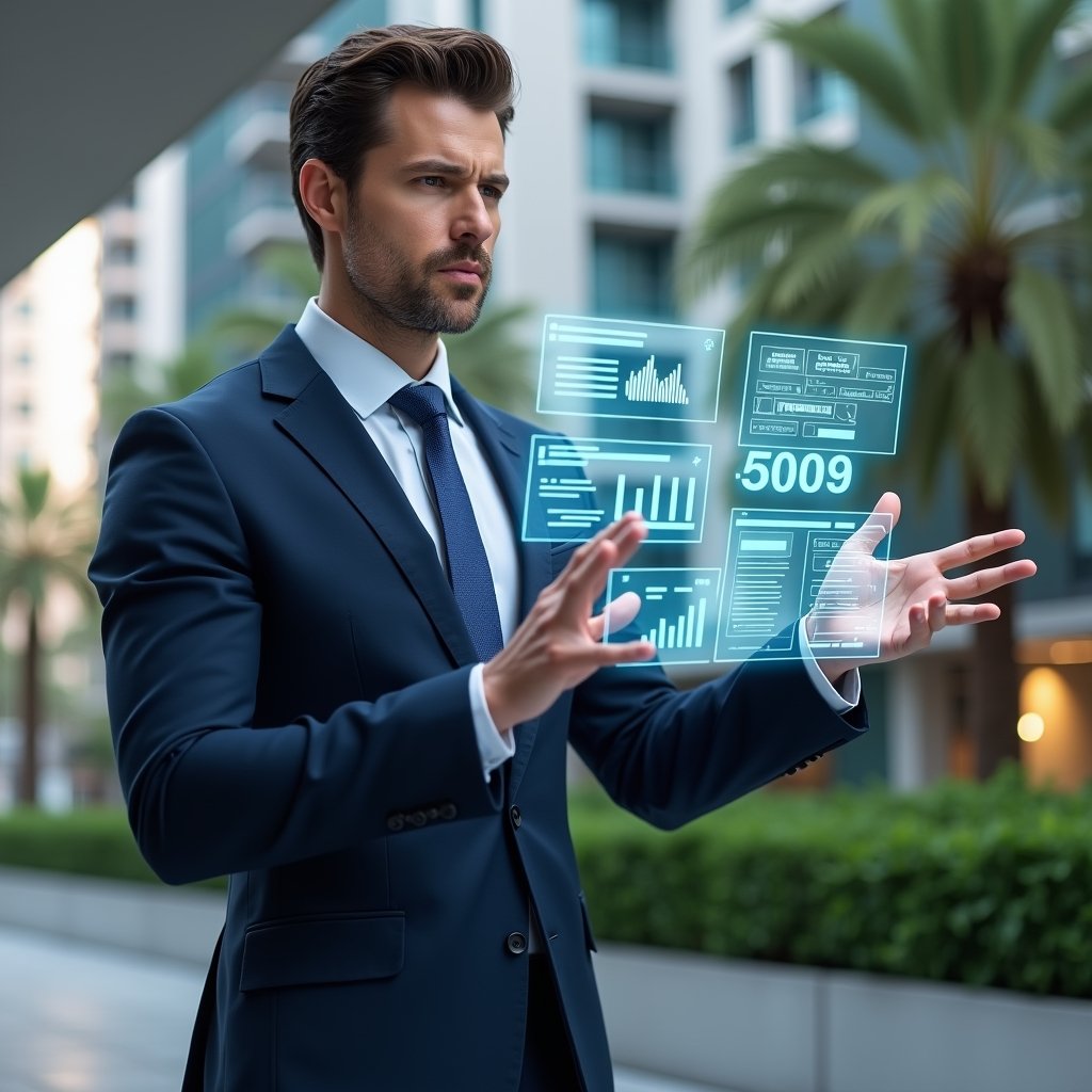 Ultra-realistic condominium manager in a navy executive suit, set in a modern luxury condominium environment with high-rise buildings and manicured greenery, interacting with a floating holographic interface displaying financial charts, chat bubbles, reservation calendars, security logs and maintenance tickets, confident expression, cinematic lighting, shallow depth of field, highly detailed textures, realistic skin, photographic realism, 8k resolution --ar 1:1 --v 6