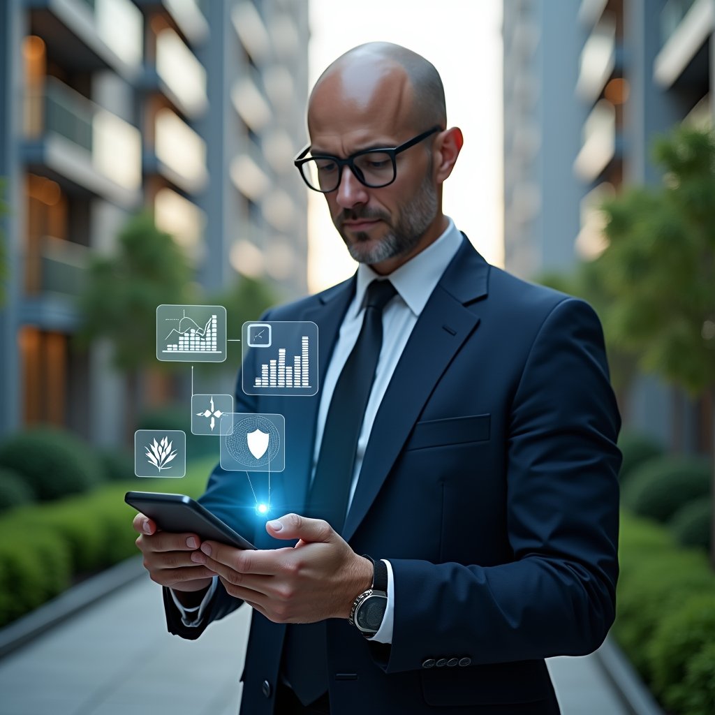 Ultra-realistic condominium manager in a tailored navy suit, set in a modern luxury condominium environment with high-rise buildings and lush green landscaping, mid-shot holding a smartphone displaying floating holographic icons for chat bubbles, financial charts and a security shield, confident and focused expression, cinematic lighting, shallow depth of field, highly detailed textures, realistic skin, photographic realism, 8k resolution --ar 1:1 --v 6