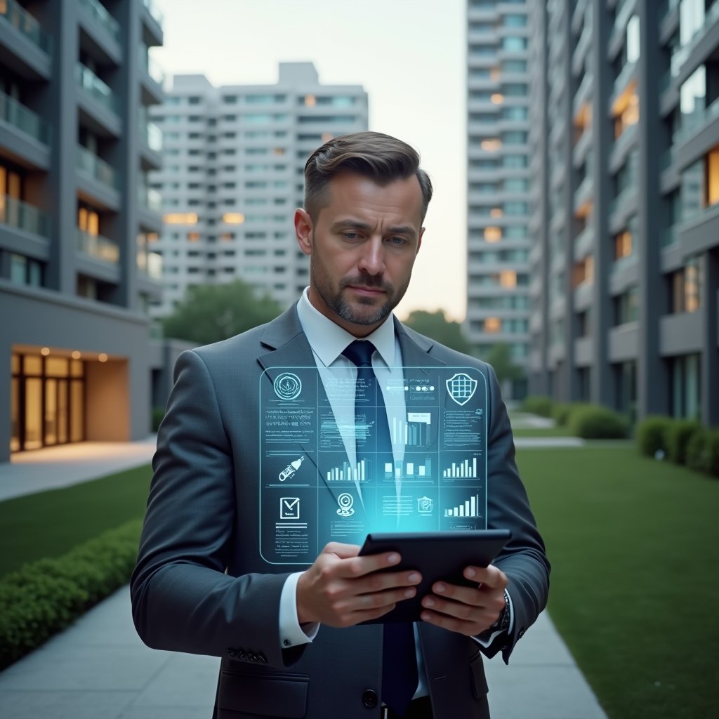Ultra-realistic condominium manager in a charcoal gray executive suit, set in a modern luxury condominium environment with high-rise buildings and manicured green landscaping, mid-shot of a confident professional holding a glowing transparent tablet displaying holographic icons of chat messages, calendar reservations, financial graphs and security camera feeds, cinematic lighting, shallow depth of field, highly detailed textures, realistic skin, photographic realism, 8k resolution --ar 1:1 --v 6