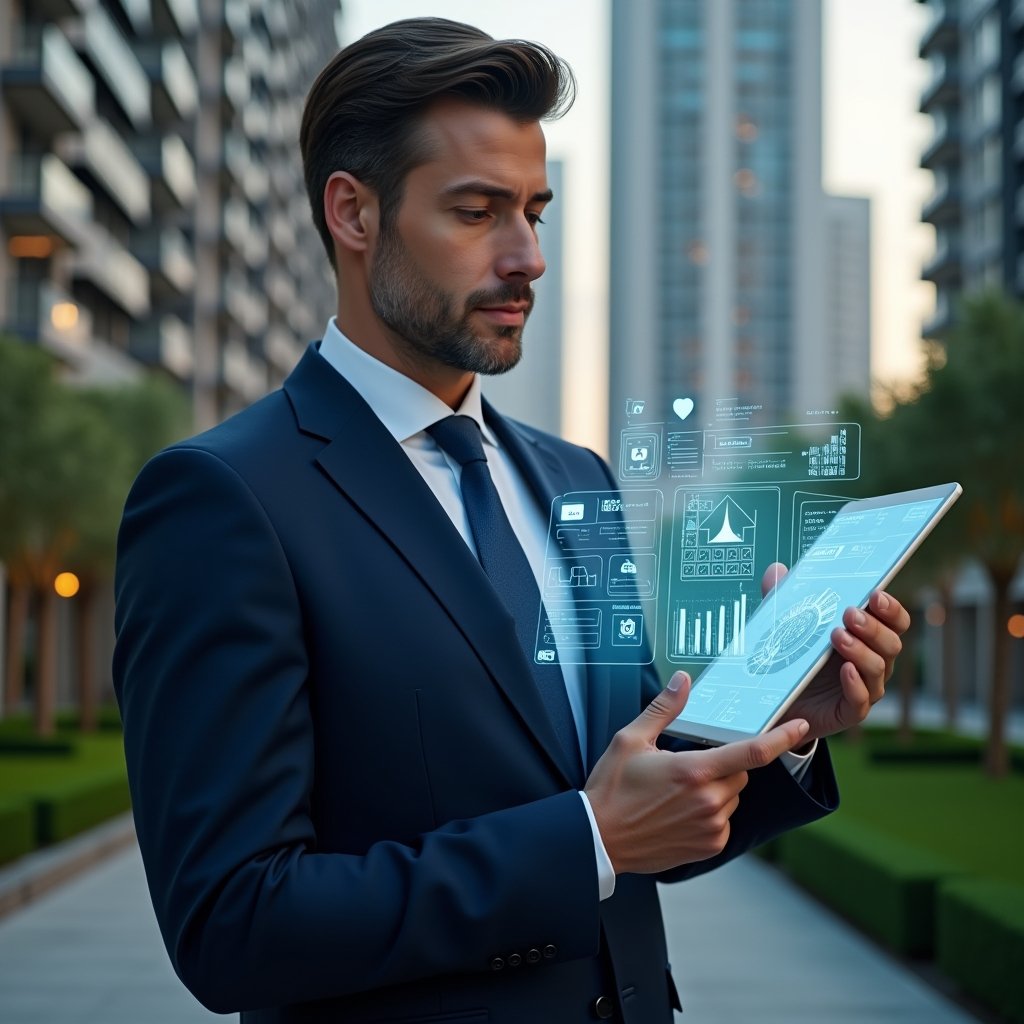 Ultra-realistic condominium manager in a navy executive suit, set in a modern luxury condominium environment with high-rise buildings and meticulously landscaped gardens, holding a transparent holographic tablet interface displaying financial charts, notification icons, calendar bookings, maintenance tools and a security shield, confidently analyzing data, cinematic lighting, shallow depth of field, highly detailed textures, realistic skin, photographic realism, 8k resolution --ar 1:1 --v 6