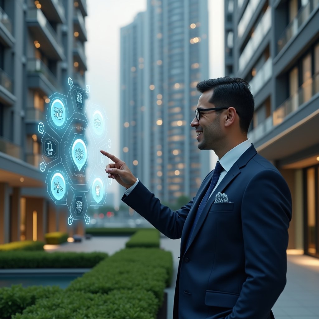 (Ultra-realistic condominium manager in a tailored navy blue suit, set in a modern luxury condominium environment with high-rise buildings and manicured green landscaping, interacting with a floating holographic interface displaying icons for finance, messaging, reservations, maintenance and security, confidently pointing at the holograms with a slight smile, cinematic lighting, shallow depth of field, highly detailed textures, realistic skin, photographic realism, 8k resolution --ar 1:1 --v 6)