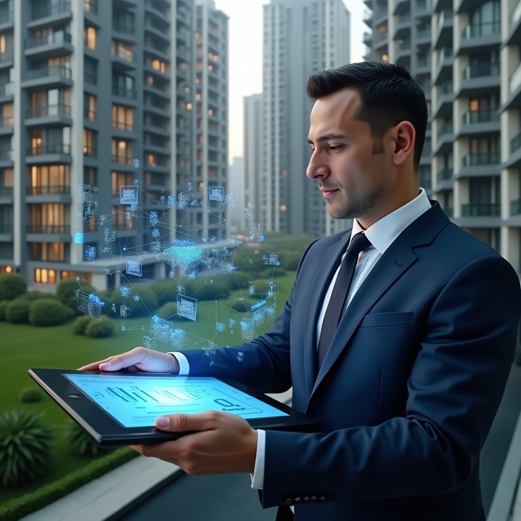 (Ultra-realistic condominium manager in a navy blue suit, set in a modern luxury condominium environment with high-rise buildings and meticulously manicured greenery, analyzing holographic data charts projected from a digital tablet, floating icons representing financial reports and occupancy rates, confident and focused expression, cinematic lighting, shallow depth of field, highly detailed textures, realistic skin, photographic realism, 8k resolution --ar 1:1 --v 6)