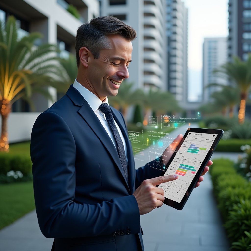 Ultra-realistic condominium manager in a navy suit, set in a modern luxury condominium environment with high-rise buildings and meticulously landscaped greenery, holding a digital tablet displaying a color-coded holographic calendar, confidently pointing at floating task icons and timeline bars, cinematic lighting, shallow depth of field, highly detailed textures, realistic skin, photographic realism, 8k resolution --ar 1:1 --v 6