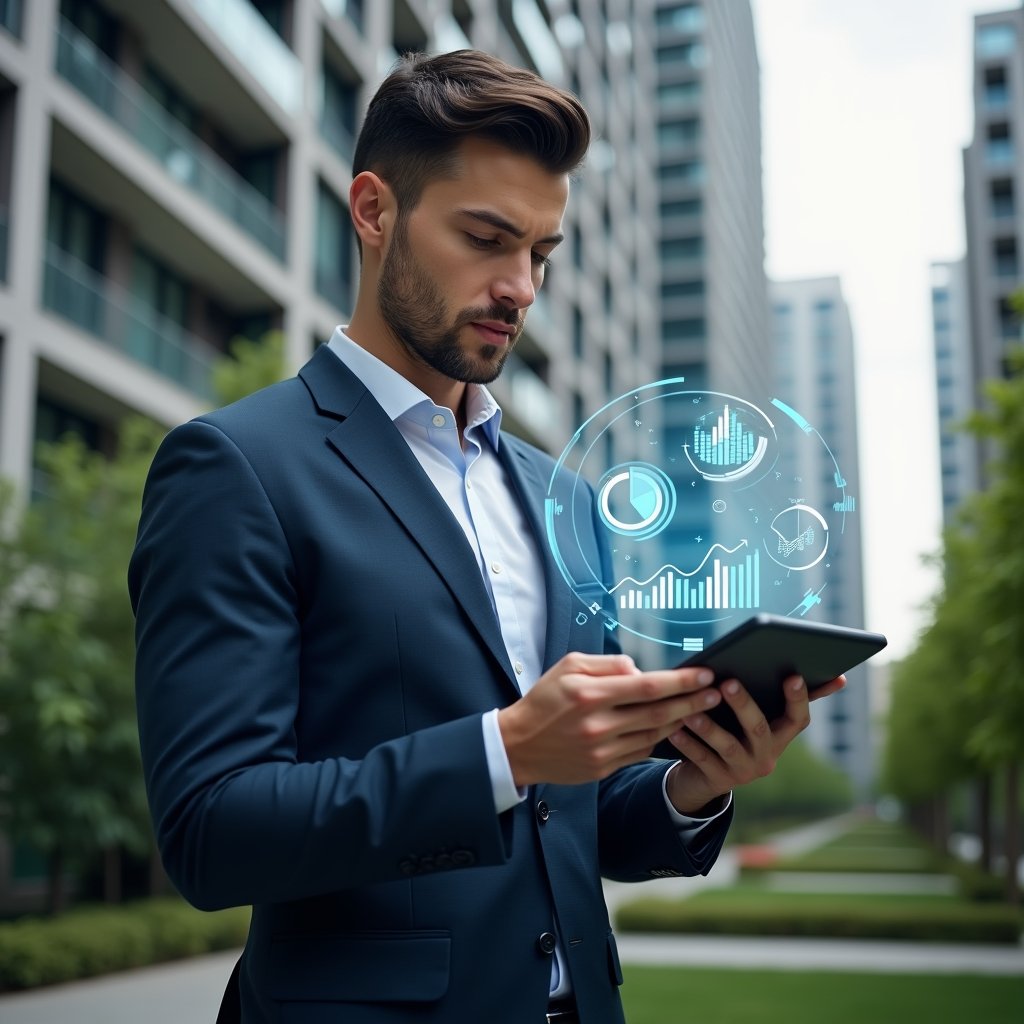 Ultra-realistic condominium manager in a navy executive suit, set in a modern luxury condominium environment with high-rise buildings and manicured greenery, mid-shot of the manager holding a tablet displaying holographic financial charts, analyzing data with a confident, focused expression, floating transparent icons of pie charts and bar graphs around them, cinematic lighting, shallow depth of field, highly detailed textures, realistic skin, photographic realism, 8k resolution --ar 1:1 --v 6