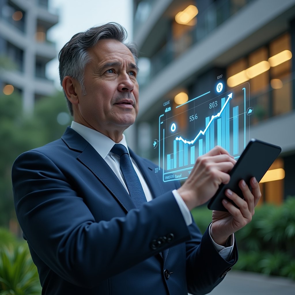 Ultra-realistic condominium manager in a navy executive suit, set in a modern luxury condominium environment with high-rise buildings and lush green landscaping, holding a tablet projecting a holographic bar chart with a downward cost trend and icons of a water drop, lightbulb, and coins, analyzing the data thoughtfully with a confident expression, cinematic lighting, shallow depth of field, highly detailed textures, realistic skin, photographic realism, 8k resolution --ar 1:1 --v 6