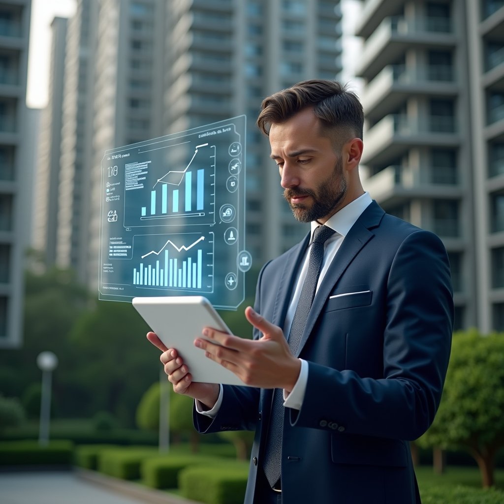 (Ultra-realistic condominium manager in a tailored navy suit, set in a modern luxury condominium environment with high-rise buildings and manicured green landscaping, reviewing a transparent digital tablet displaying holographic financial charts and checklists, confident expression, floating 3D icons of graphs, checkmarks and approval stamps around, cinematic lighting, shallow depth of field, highly detailed textures, realistic skin, photographic realism, 8k resolution --ar 1:1 --v 6)