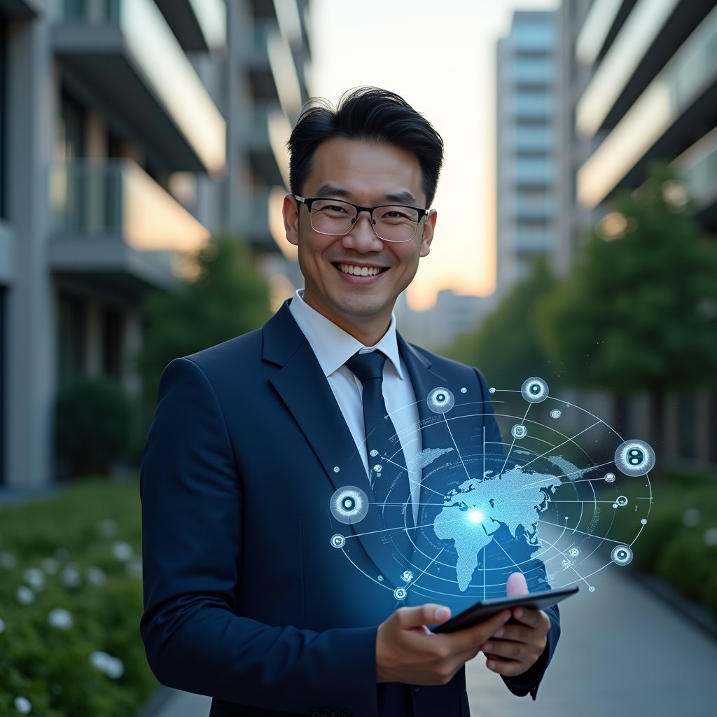 Ultra-realistic condominium manager in a navy blue executive suit, set in a modern luxury condominium environment with high-rise buildings and manicured green landscaping, holding a tablet displaying a holographic dashboard of digital condominium management, confident expression, holographic icons of finance and communication floating around, cinematic lighting, shallow depth of field, highly detailed textures, realistic skin, photographic realism, 8k resolution --ar 1:1 --v 6